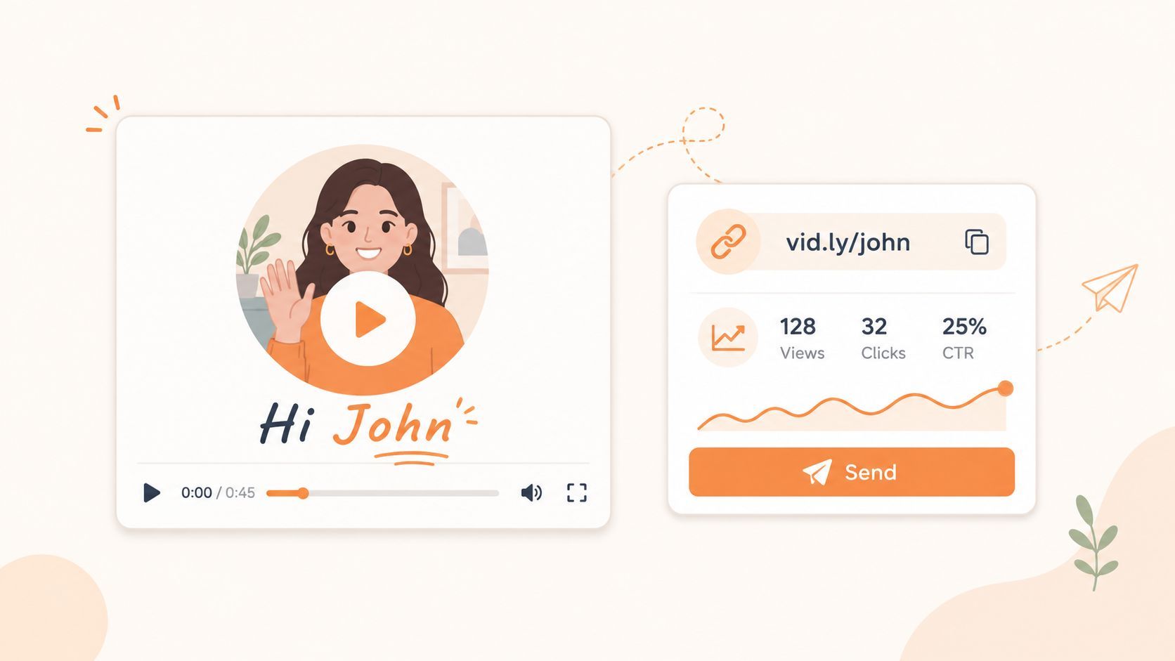 A personalized video message interface featuring a greeting to John with engagement analytics and sharing options.