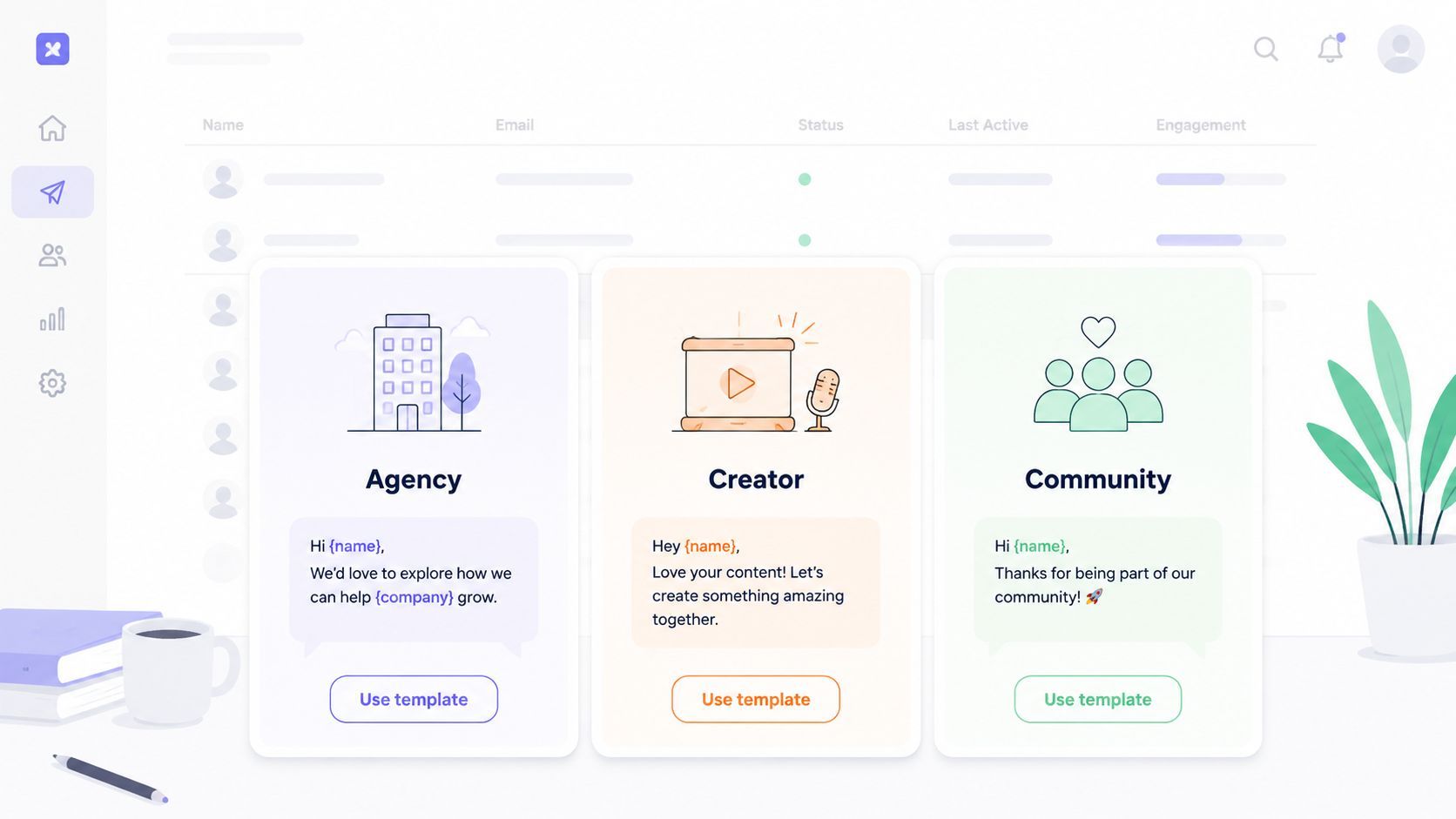 A user interface display offering different email template choices for Agency, Creator, and Community outreach strategies.