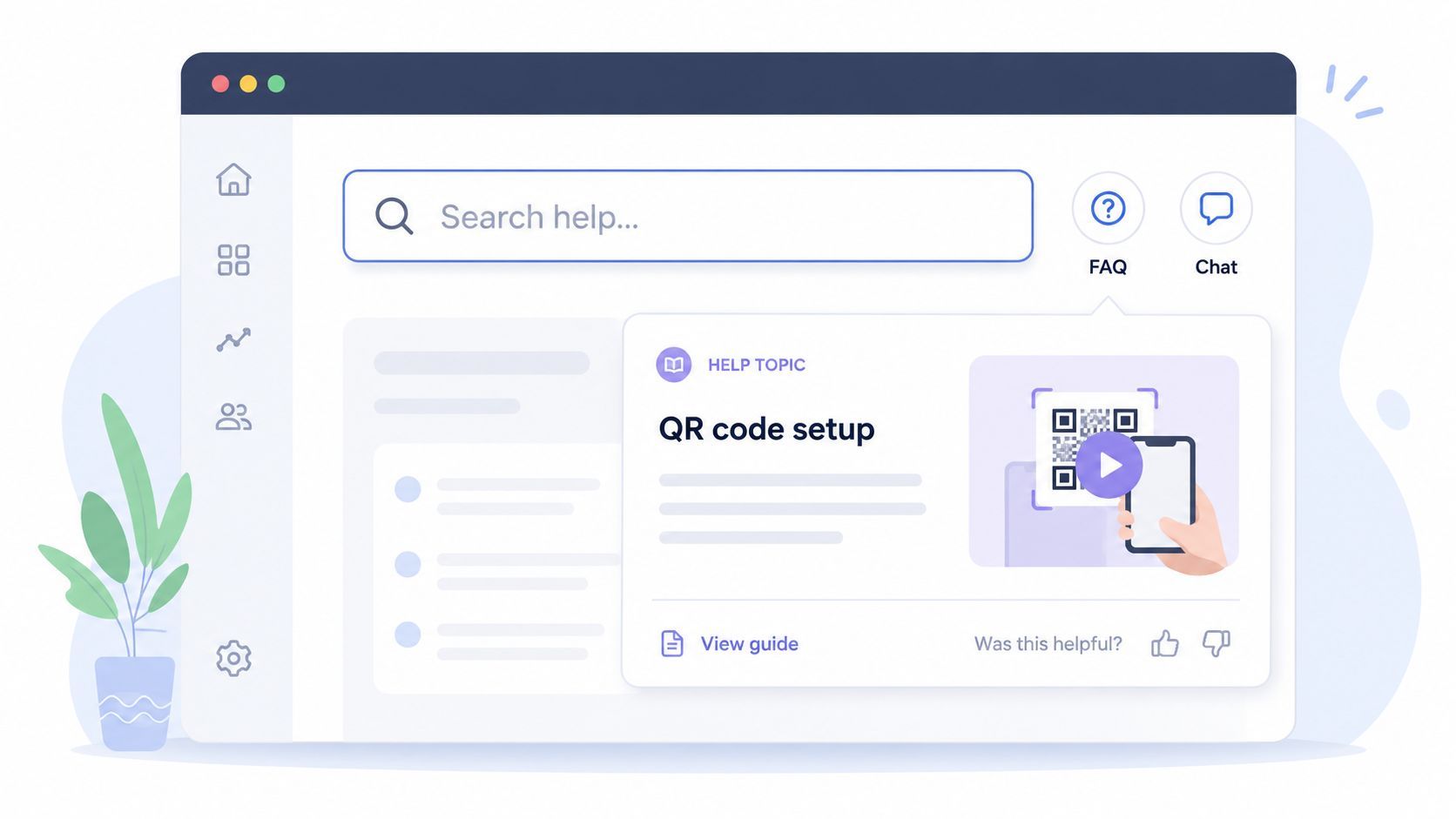 A digital interface showing a help center page for QR code setup with a video tutorial guide.