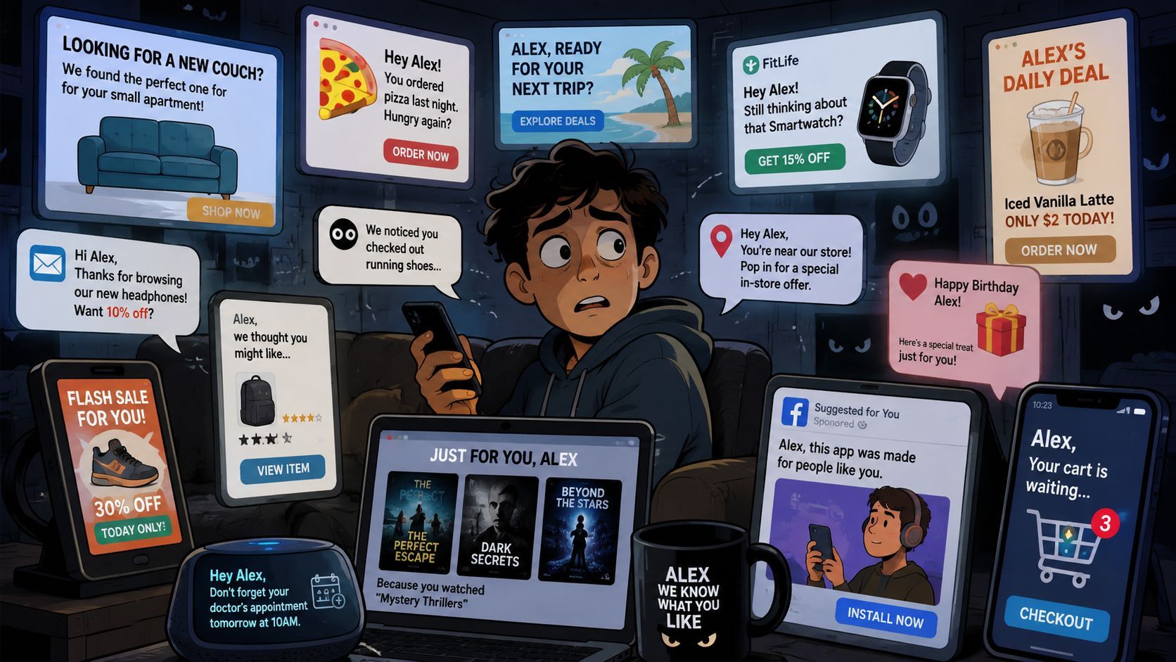 An illustration of a stressed person named Alex surrounded by intrusive digital ads and personalized tracking notifications.
