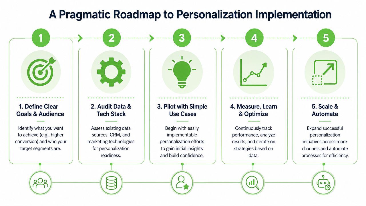 A five-step roadmap infographic for implementing business personalization strategies, ranging from defining goals to scaling automation.