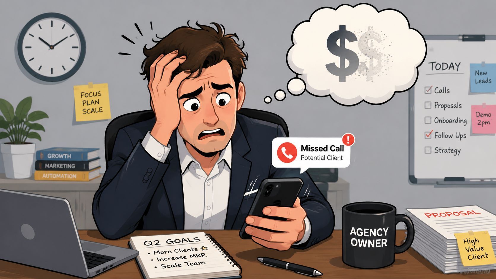 Stressed agency owner looking at a missed call notification on their phone while working at a messy desk.