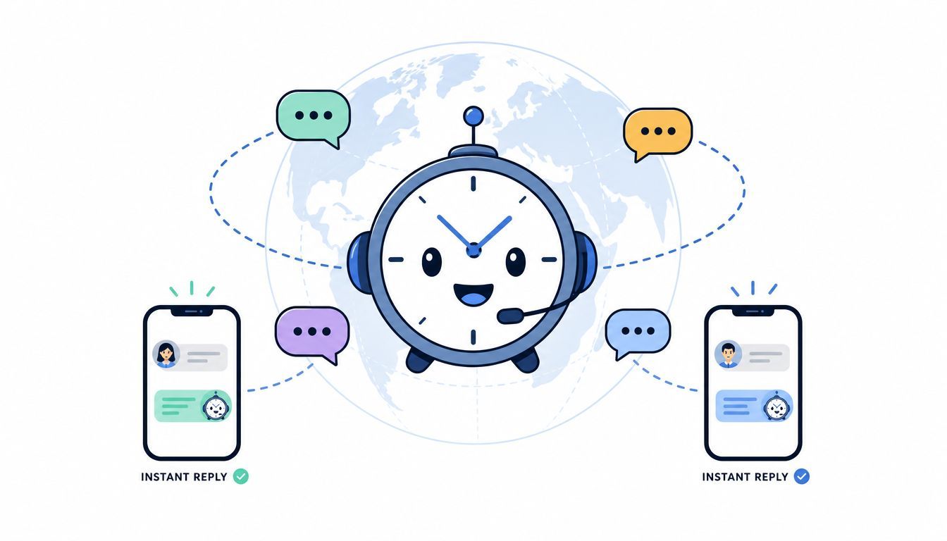 A clock character with a headset connected globally to mobile phones through instant message notifications.