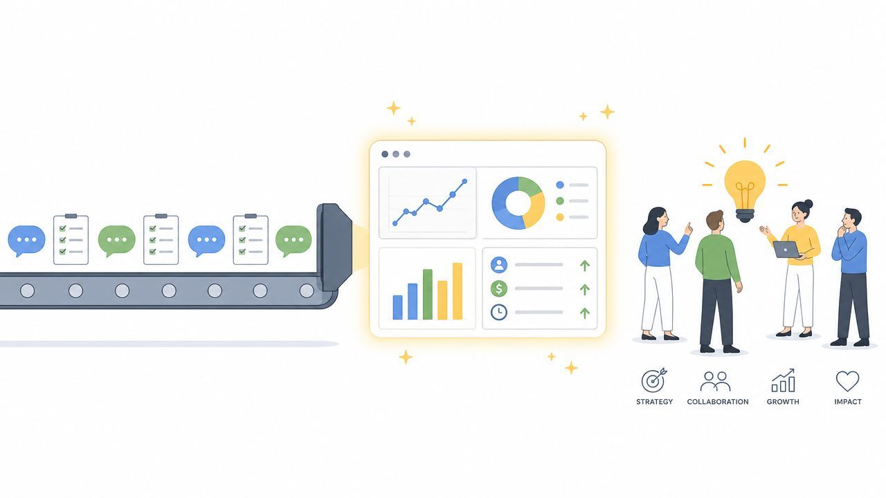 A digital illustration showing a conveyor belt of tasks feeding into a dashboard, resulting in team collaboration.