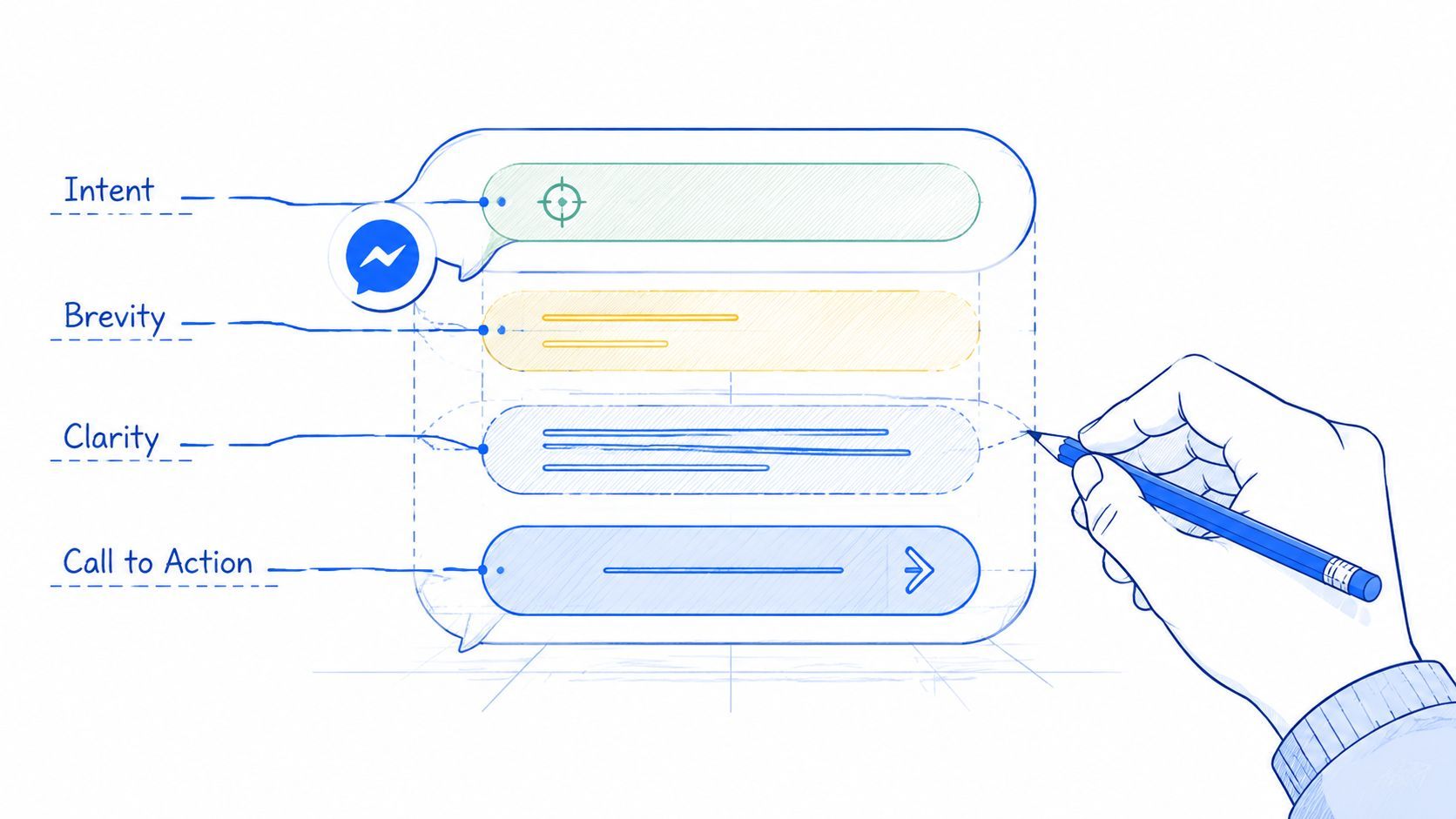 A hand drawing a schematic design for Messenger quick replies with labels for intent, brevity, clarity, and call-to-action.