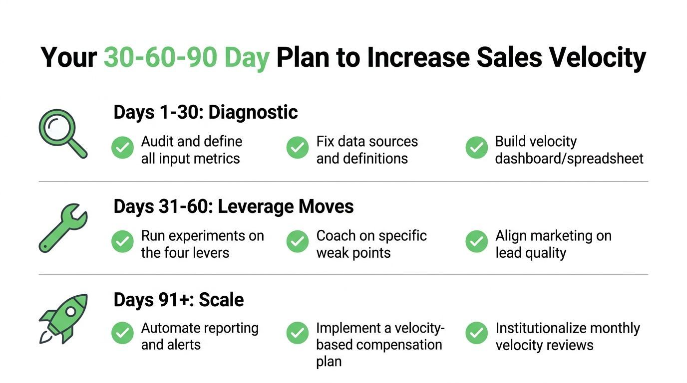 A 30-60-90 day strategic business plan infographic designed to help organizations improve their overall sales velocity.