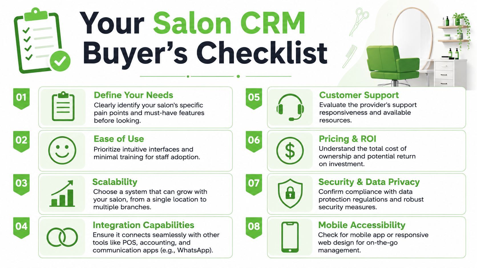 An informative infographic listing eight essential steps for choosing the right salon CRM software for your business.