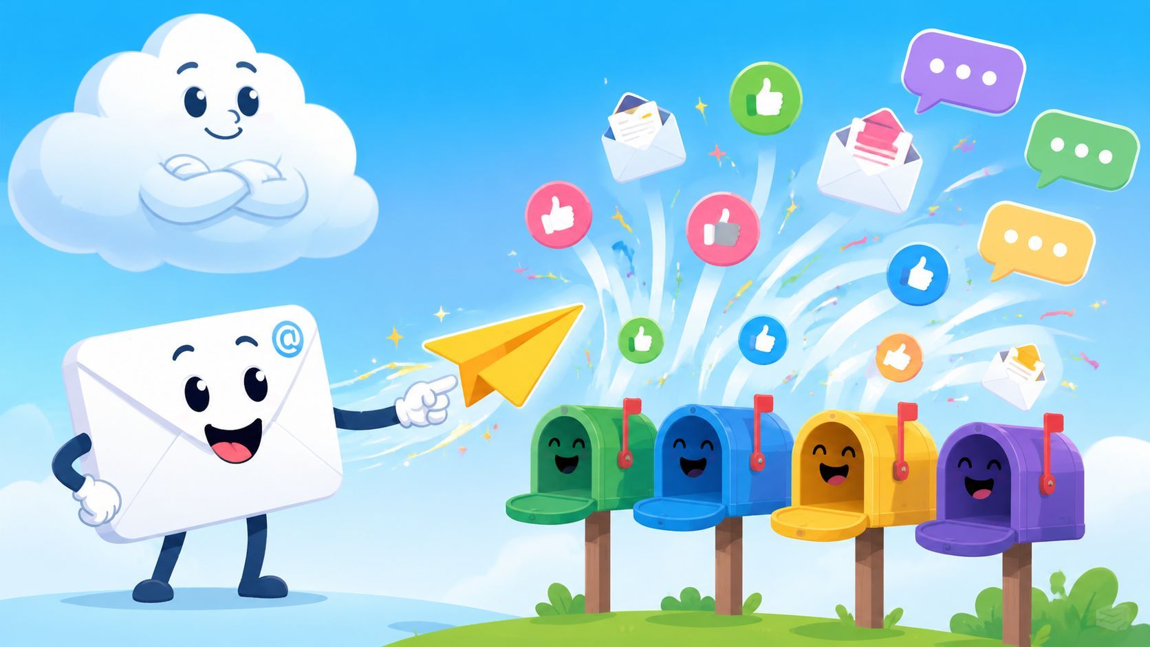 A friendly envelope character launching a paper airplane towards colorful, happy mailboxes under a smiling cloud.