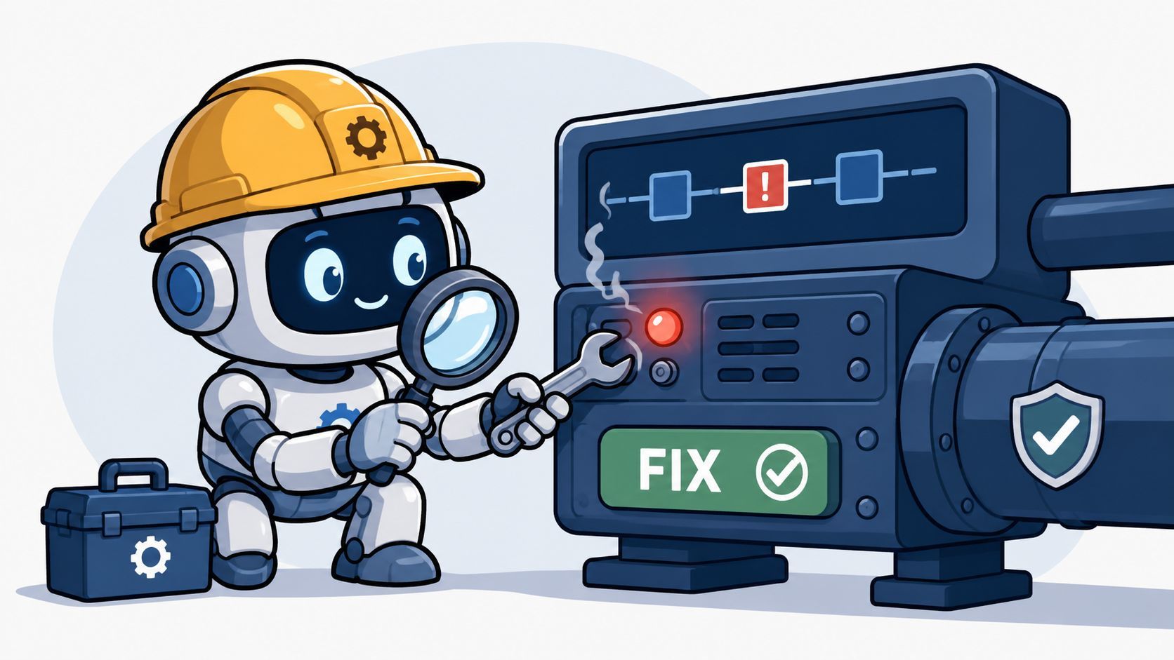 A cute robot engineer in a hard hat using a wrench and magnifying glass to fix machinery.
