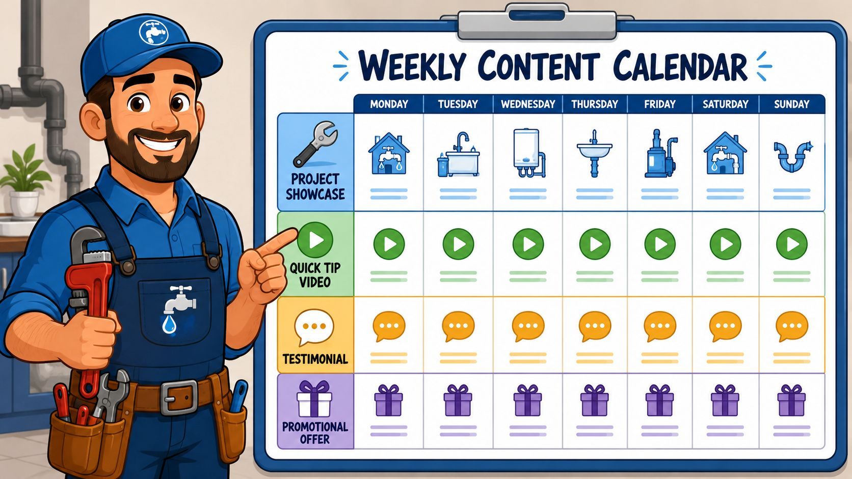 A friendly plumber pointing to a weekly social media content calendar with plumbing icons on a clipboard.