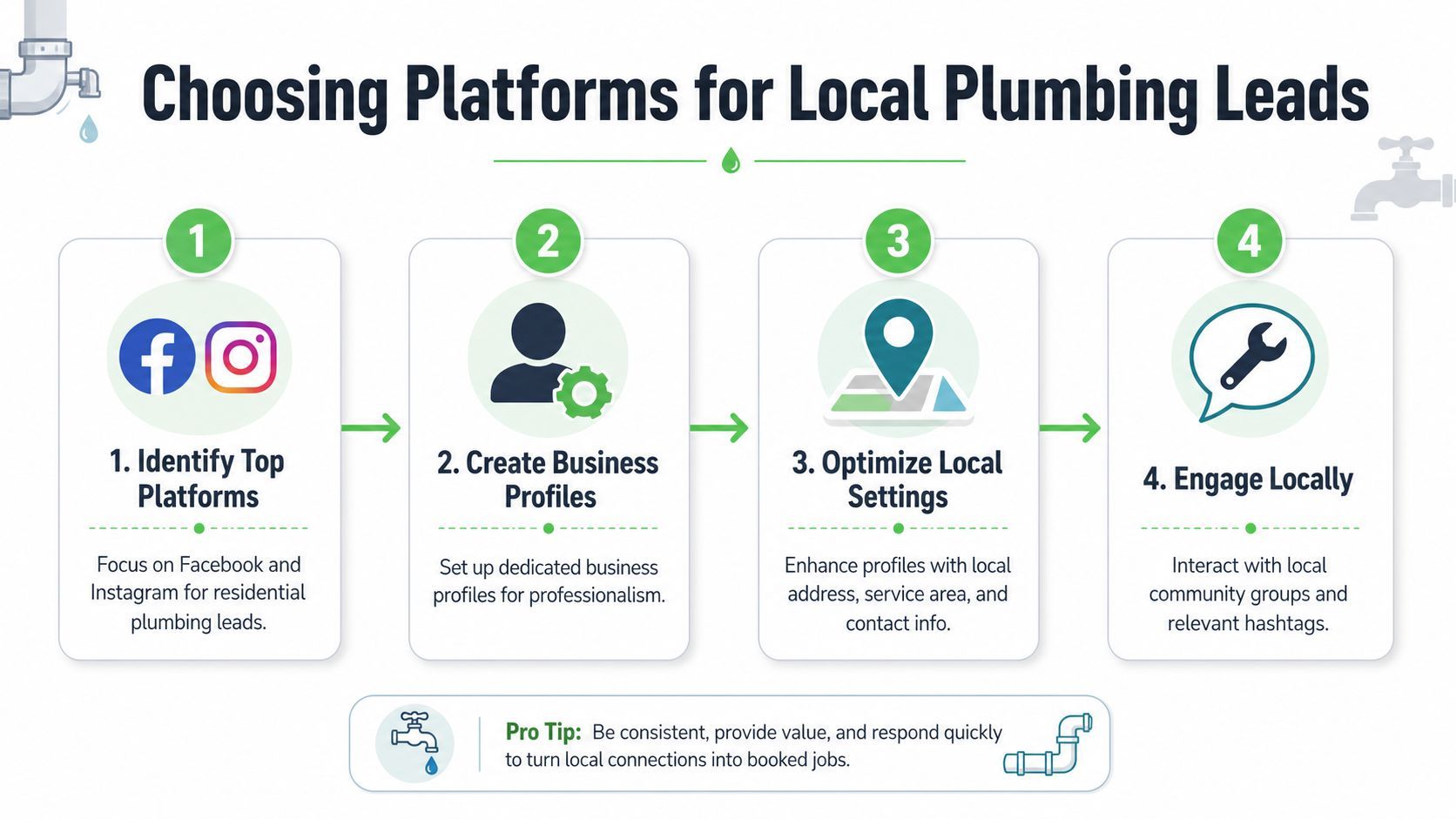 An infographic showing four steps for plumbers to generate local leads using social media platforms effectively.