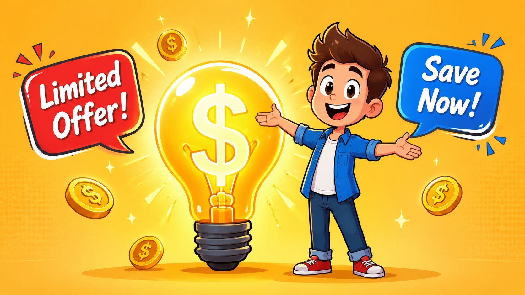 A cartoon boy enthusiastically presenting a glowing lightbulb with a dollar sign to promote a limited offer.
