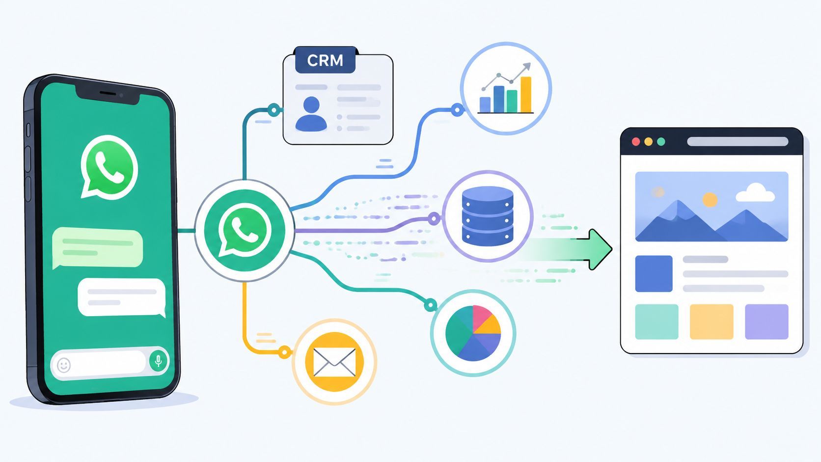 A diagram illustrating WhatsApp messages connecting to a CRM, analytics tools, database, and email, flowing to a landing page.