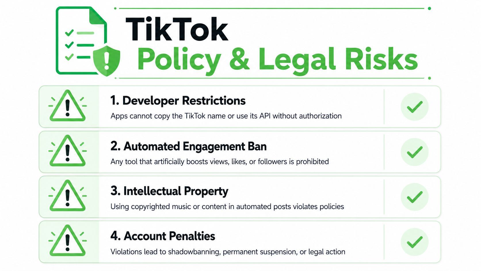An infographic outlining four key TikTok policy and legal risks for developers and automated software tools.