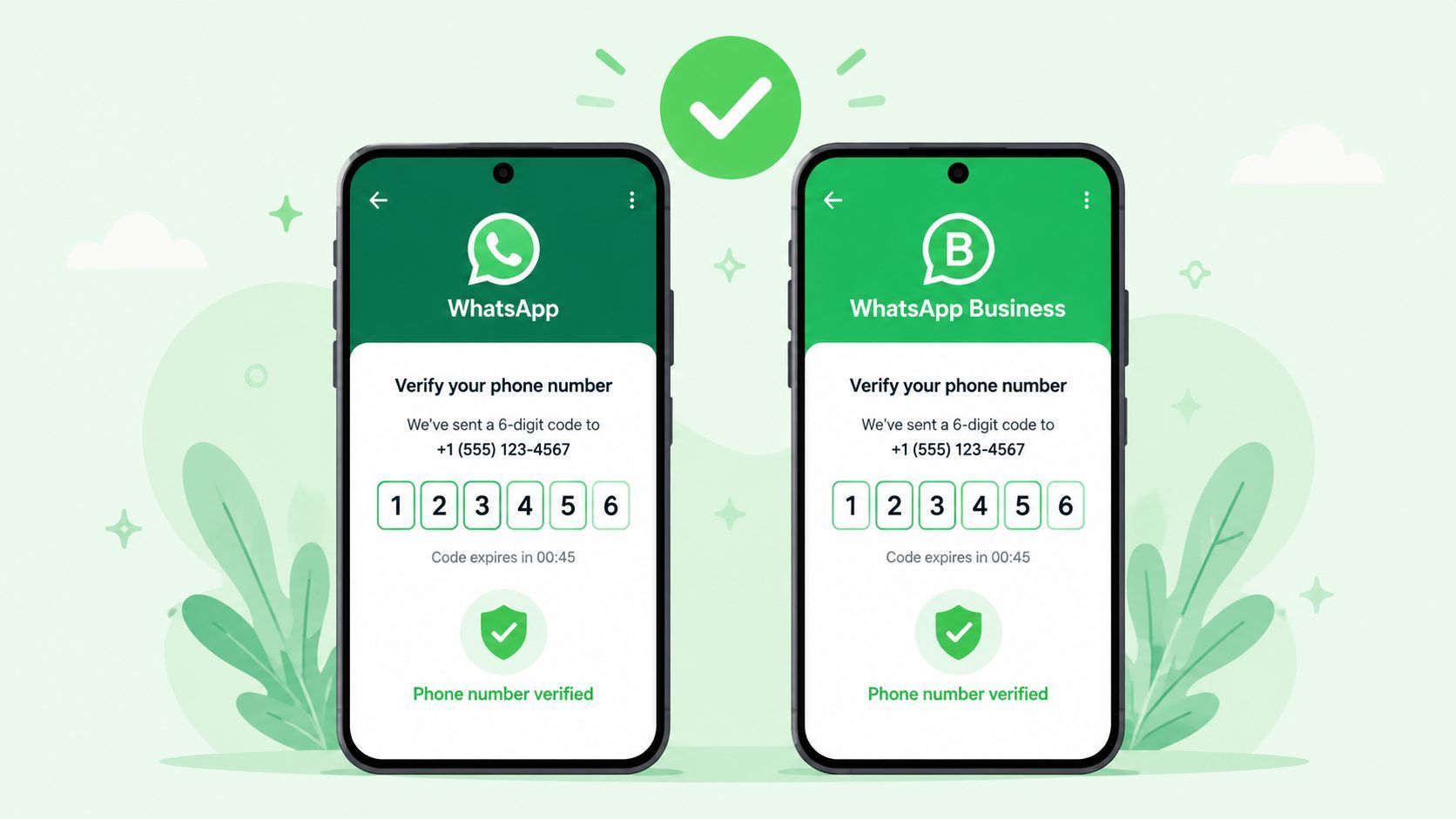 Two smartphones showing the WhatsApp and WhatsApp Business verification screens with successful phone number verification checkmarks.