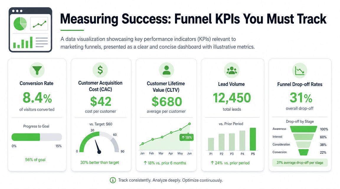 A dashboard infographic illustrating key performance indicators for measuring marketing funnel success and customer metrics.
