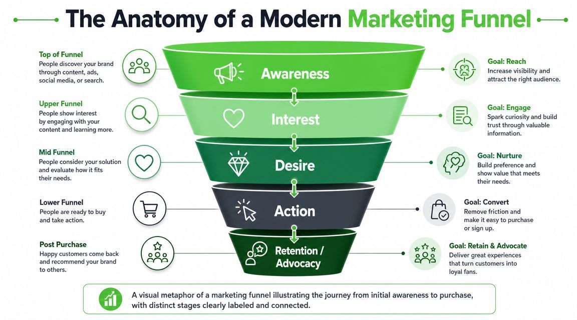 A diagram illustrating the anatomy of a modern marketing funnel with five distinct stages from awareness to advocacy.