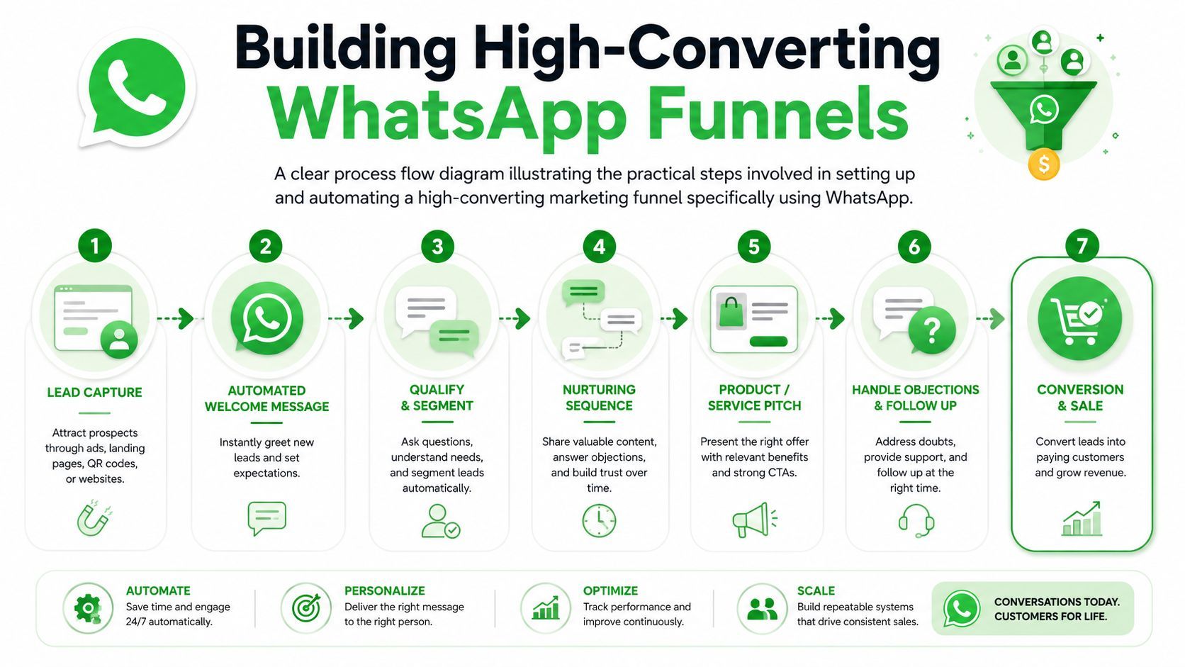 A process flow diagram illustrating seven steps to build high-converting marketing funnels using the WhatsApp messaging platform.