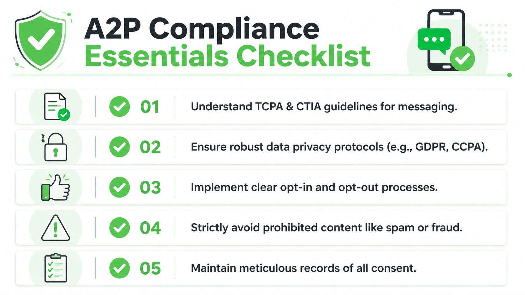 A checklist infographic titled A2P Compliance Essentials detailing five key steps for messaging compliance and regulations.