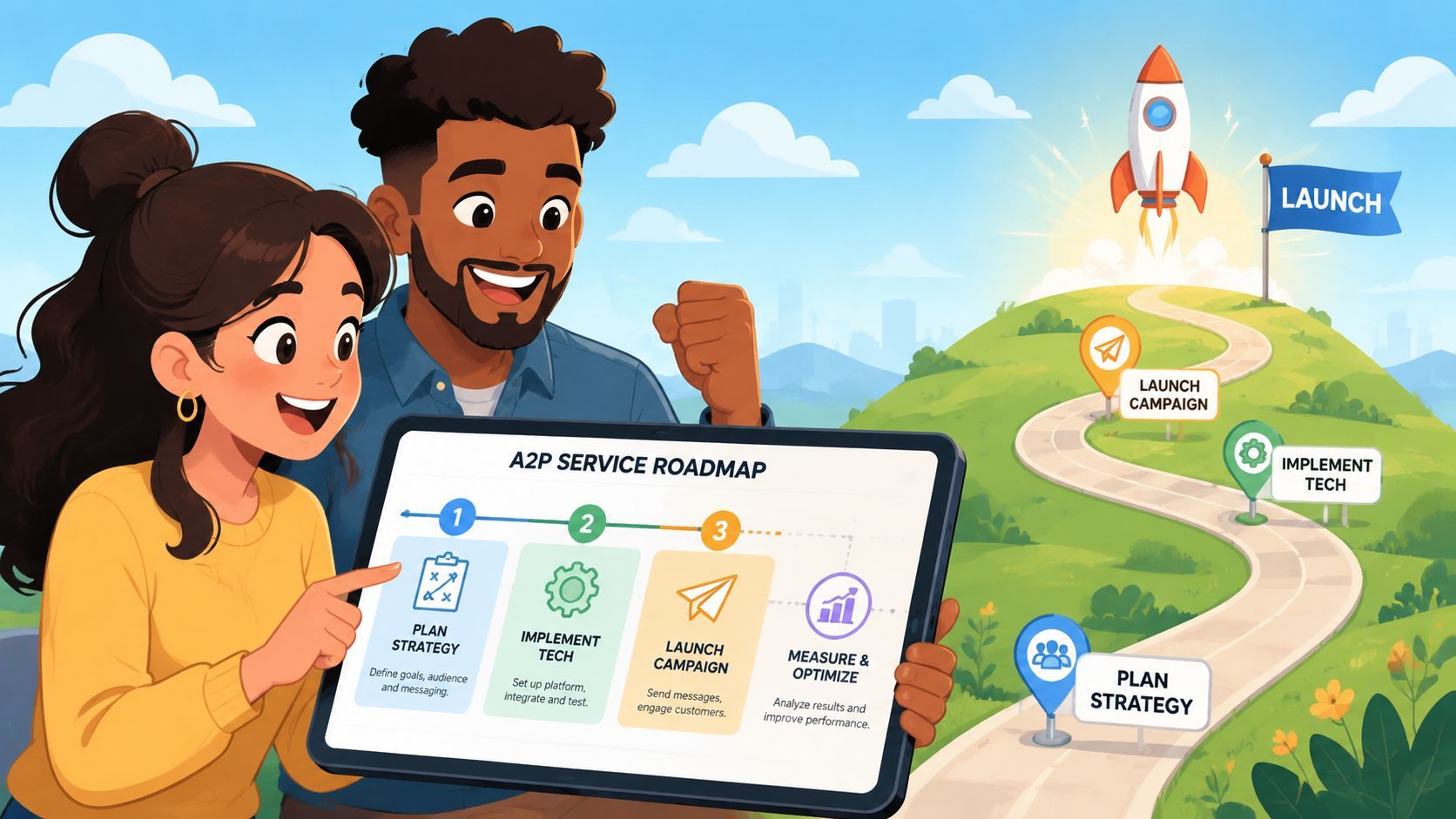 A woman and a man looking at a tablet displaying an A2P service roadmap in a sunny landscape.