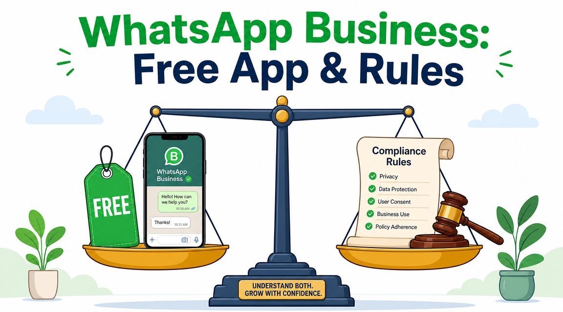 A balanced scale comparing the free WhatsApp Business app features with mandatory compliance rules and regulations.