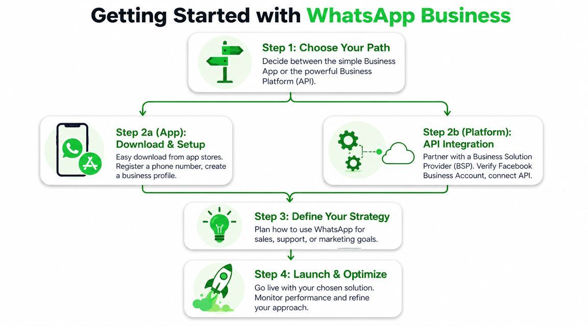 A four-step infographic illustrating how to get started with WhatsApp Business for companies.