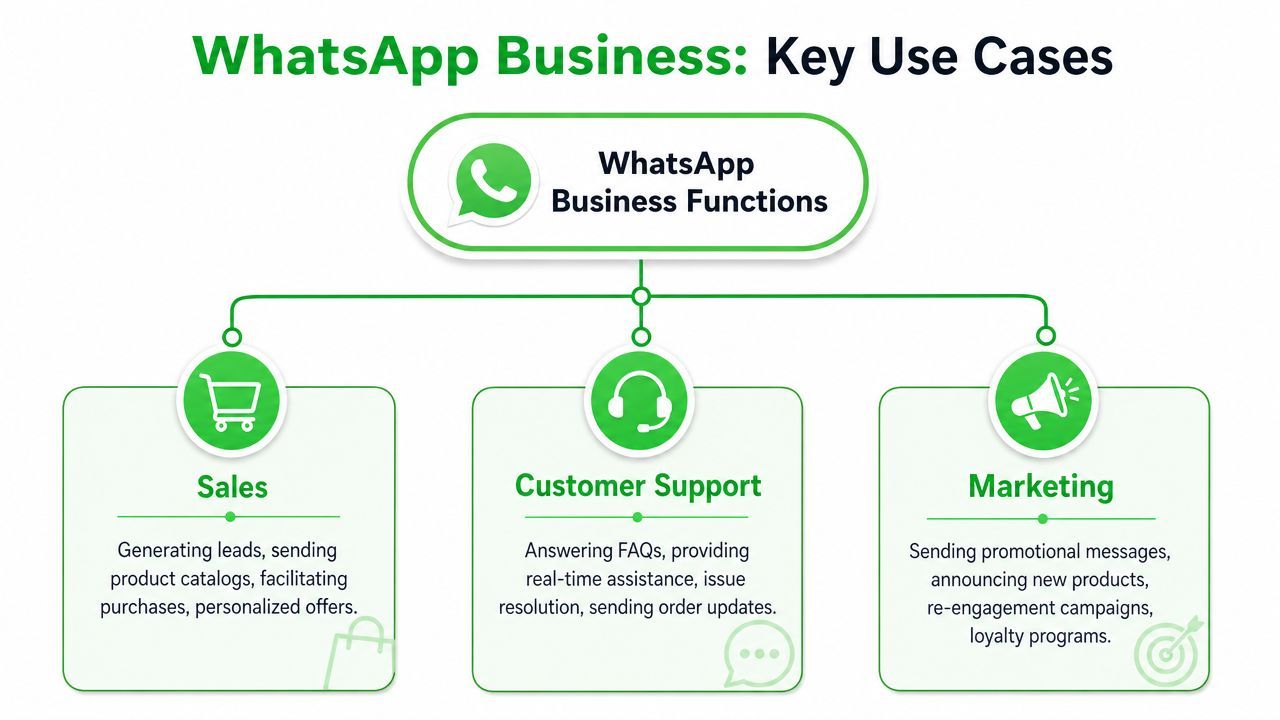 A diagram illustrating the three key business functions of WhatsApp: Sales, Customer Support, and Marketing.
