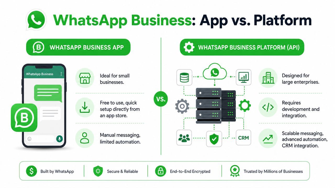 A comparison infographic between the WhatsApp Business App and the WhatsApp Business API Platform for enterprises.