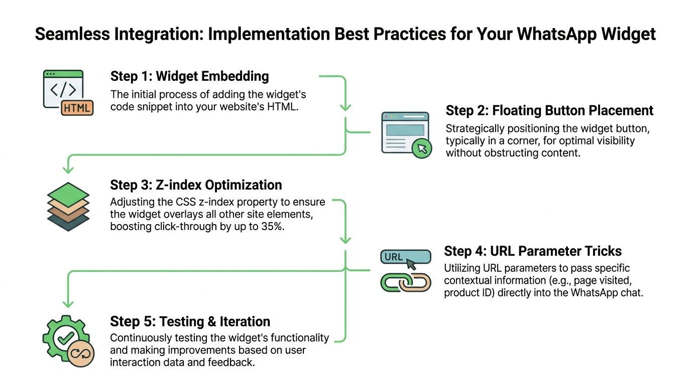 A diagram illustrating five essential steps for integrating a WhatsApp business widget onto a website efficiently.