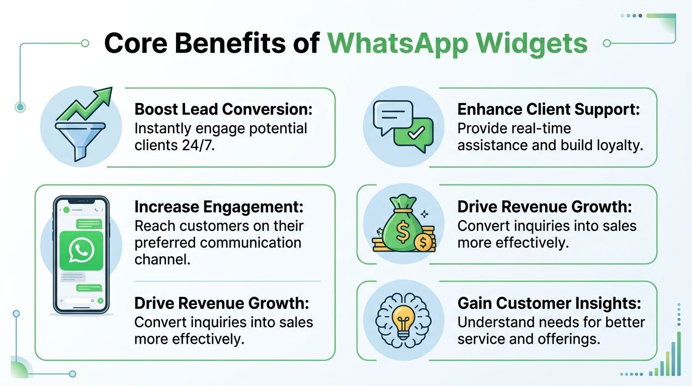 An infographic highlighting the core business benefits of using WhatsApp widgets for customer engagement and growth.