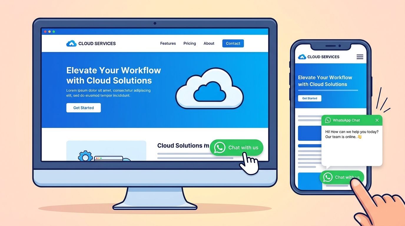 A computer monitor and a smartphone displaying a cloud services website with an integrated WhatsApp chat button.