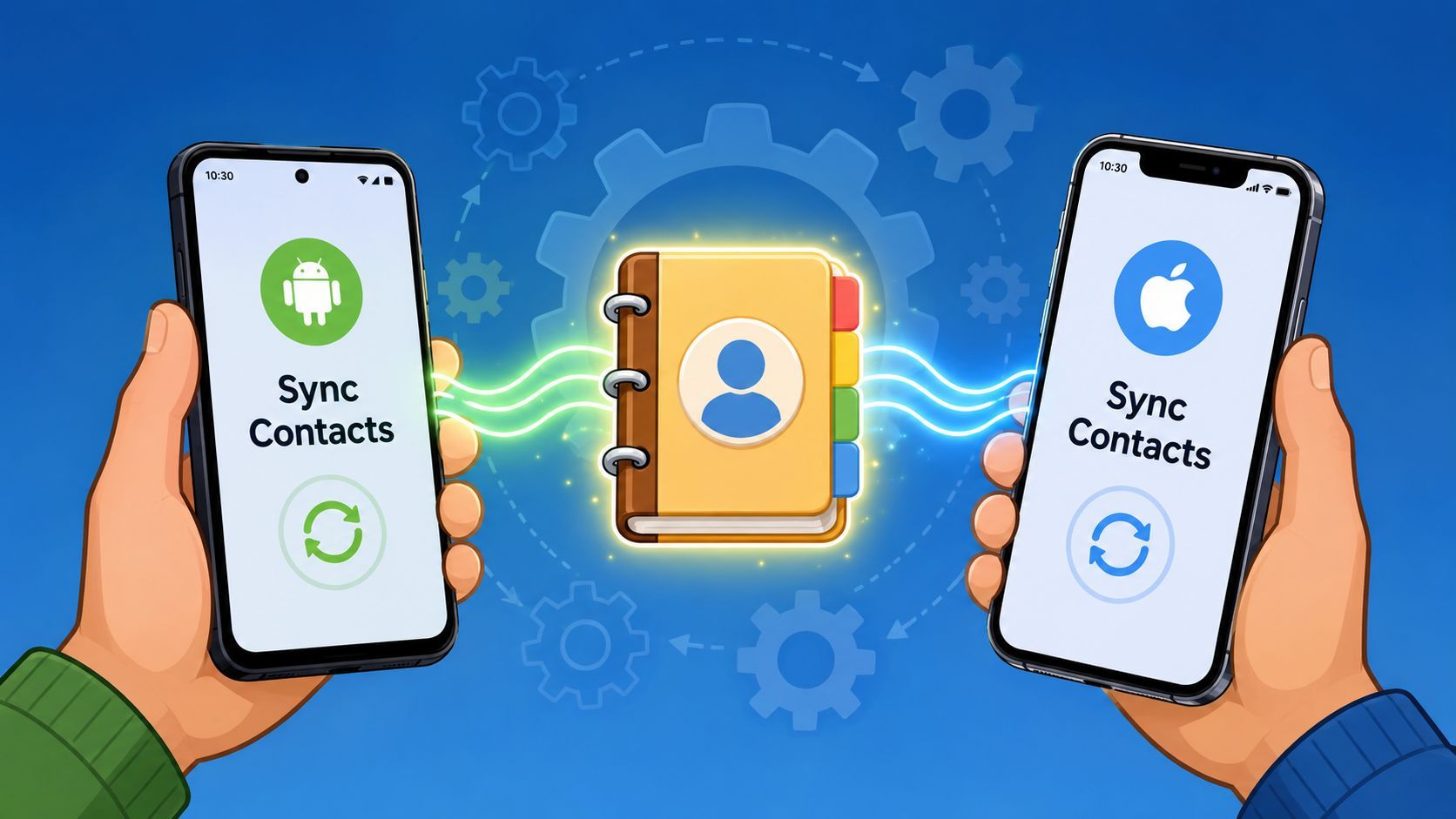 Two hands holding smartphones, one with an Android icon and one with an Apple icon, syncing contacts.