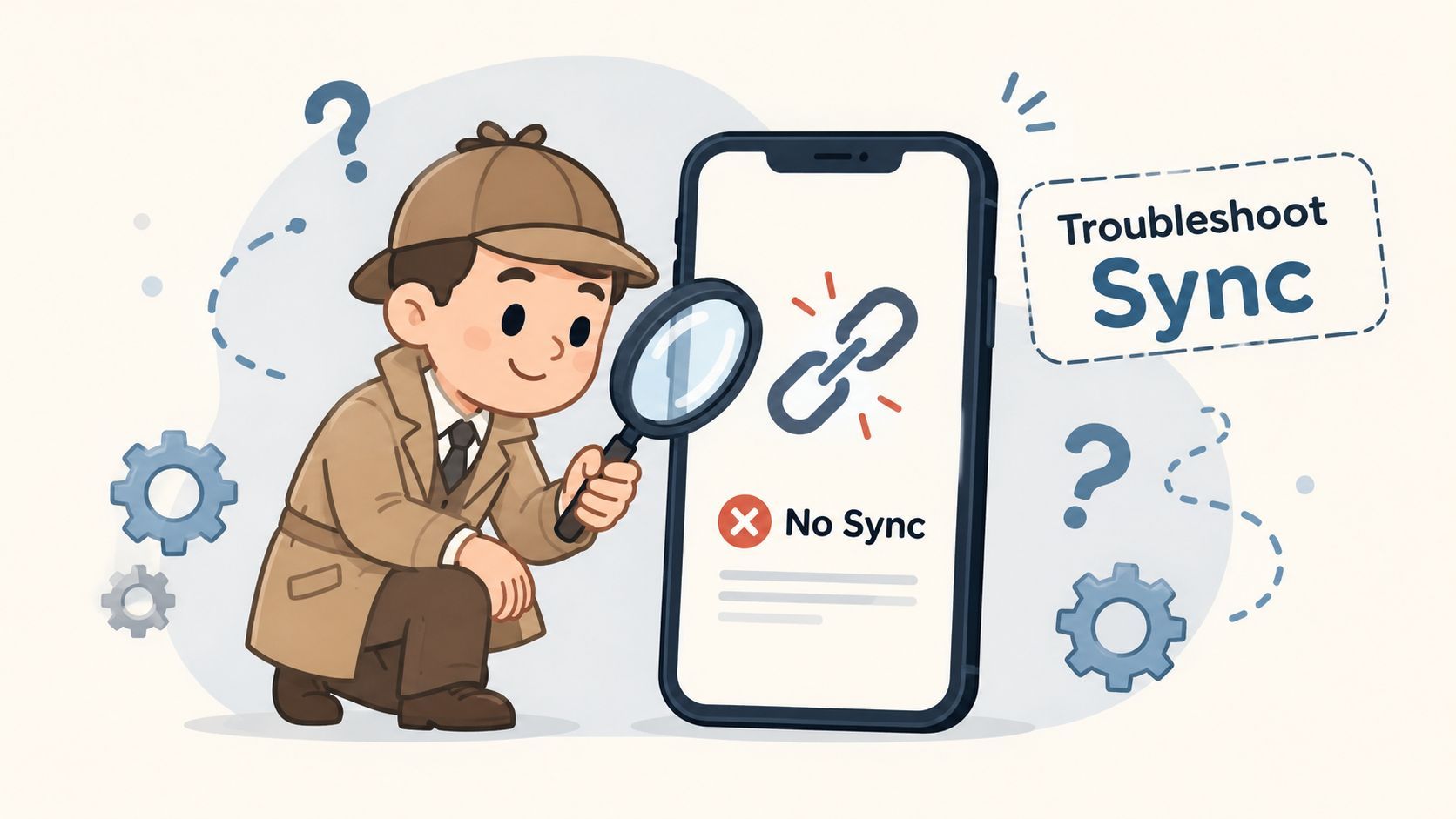 A cartoon detective inspecting a mobile phone displaying a no synchronization error symbol with a magnifying glass.