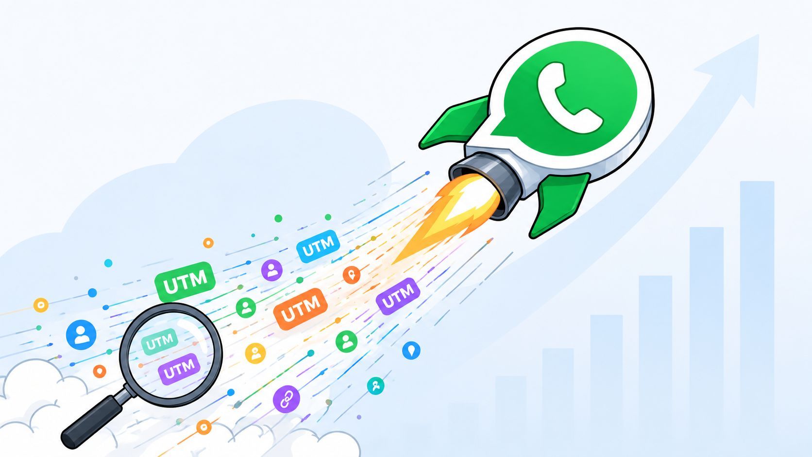 A magnifying glass analyzing UTM tracking parameters fueling a WhatsApp rocket as it ascends a growth chart.