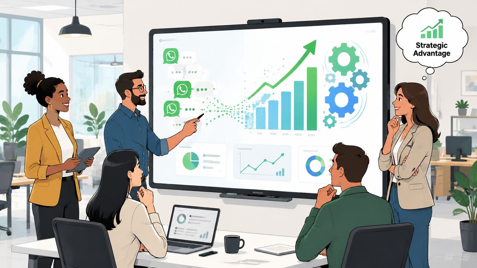 A team of diverse professionals collaborating on a digital marketing strategy in a modern office meeting room.