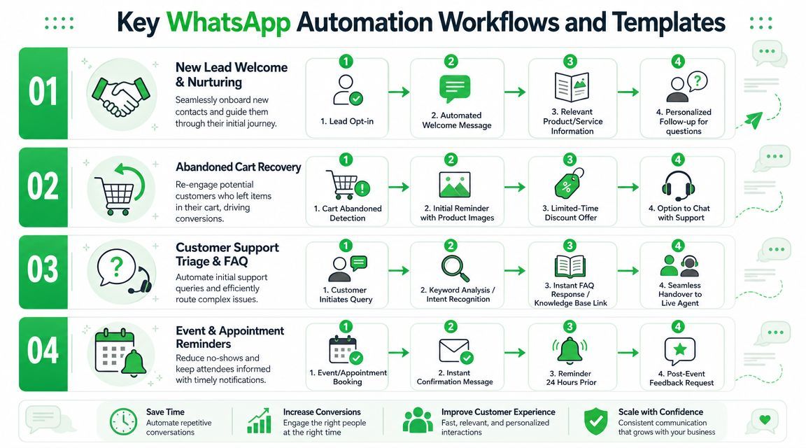 A diagram illustrating four key WhatsApp marketing automation workflows for lead nurturing, sales, and customer support.