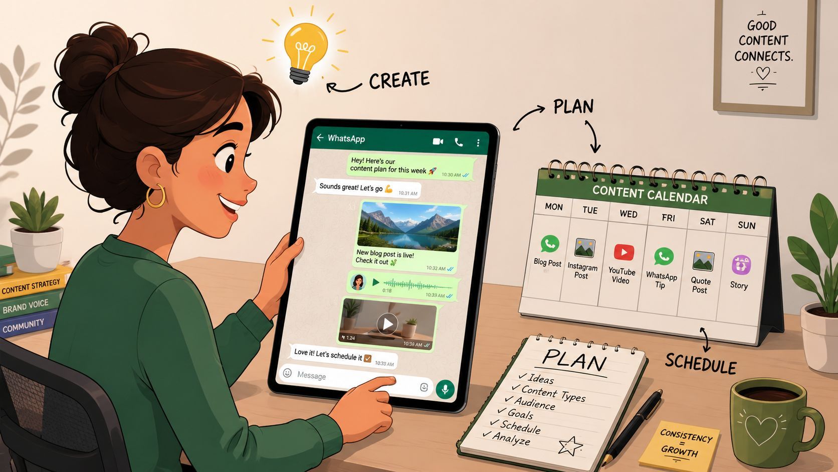 A young woman uses a tablet for content planning while a calendar displays her weekly schedule.
