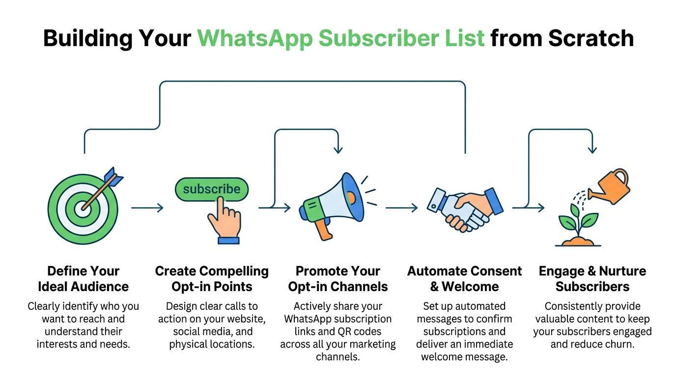A five-step infographic showing how to build a WhatsApp subscriber list from scratch for business marketing.