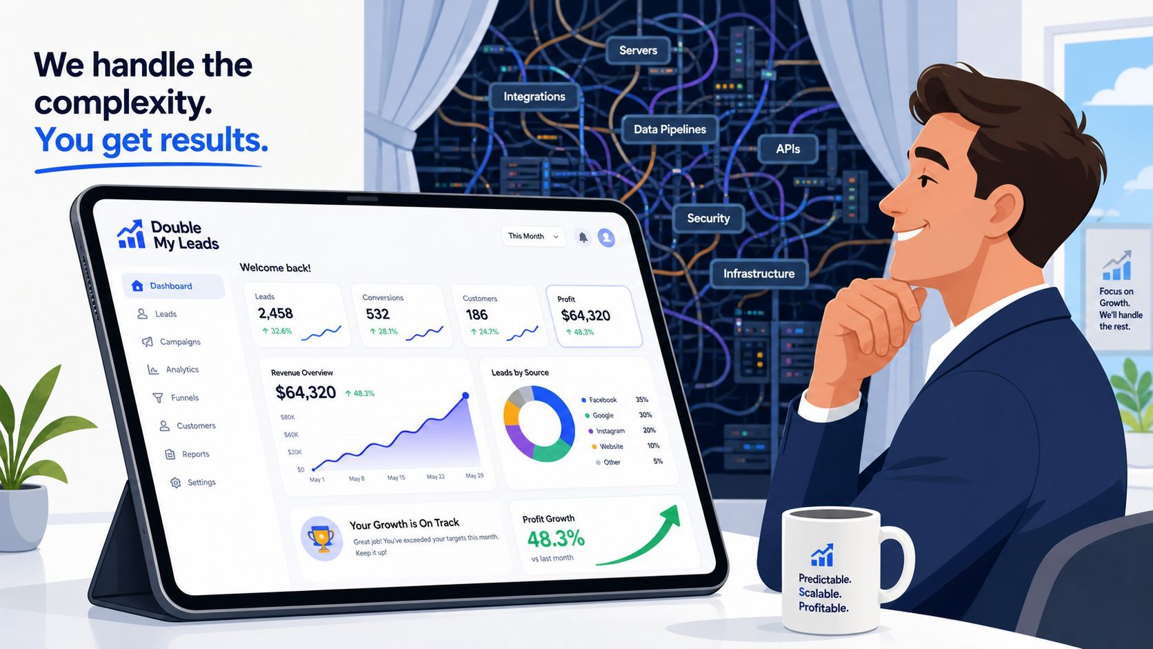 A professional man looking at a digital dashboard on a tablet showing growth and business analytics metrics.