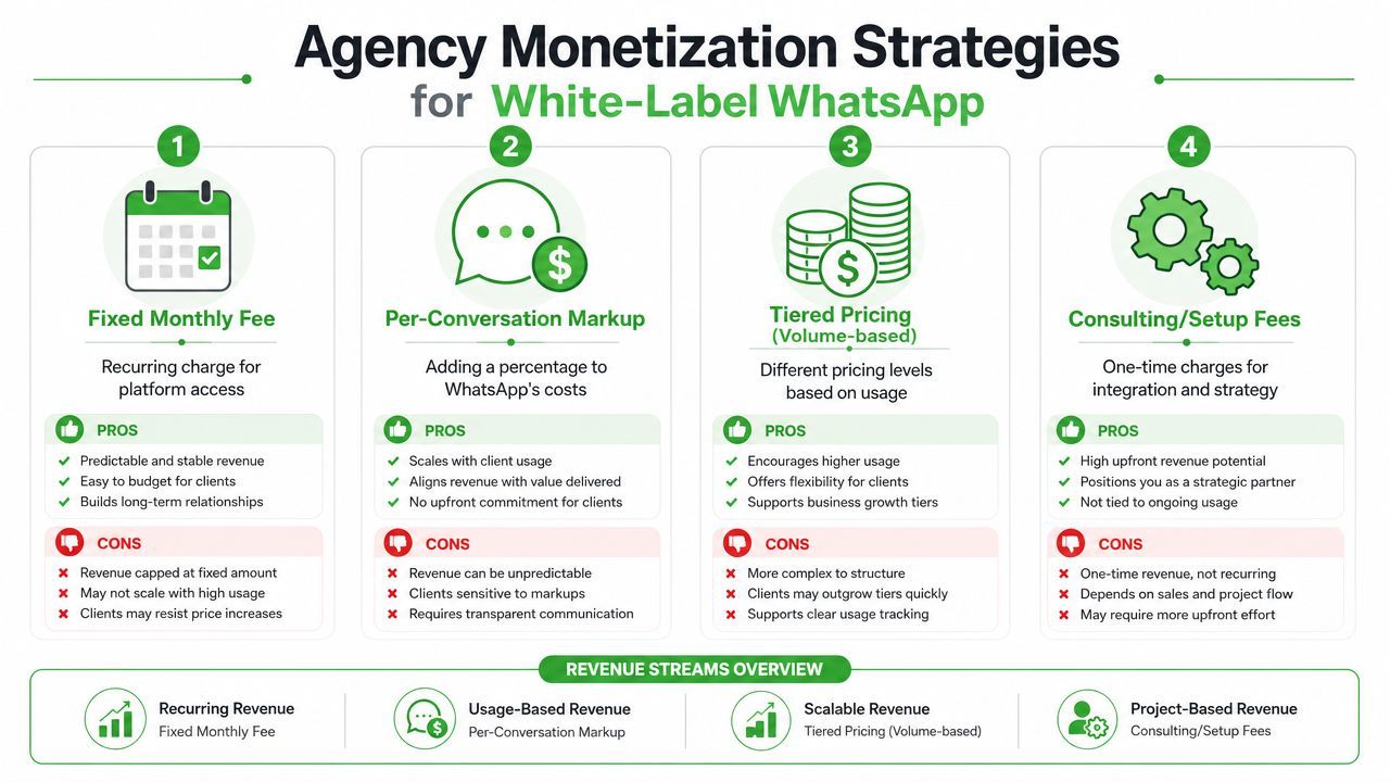 An infographic illustrating four distinct monetization strategies for white-label WhatsApp agencies including fees and pros and cons.