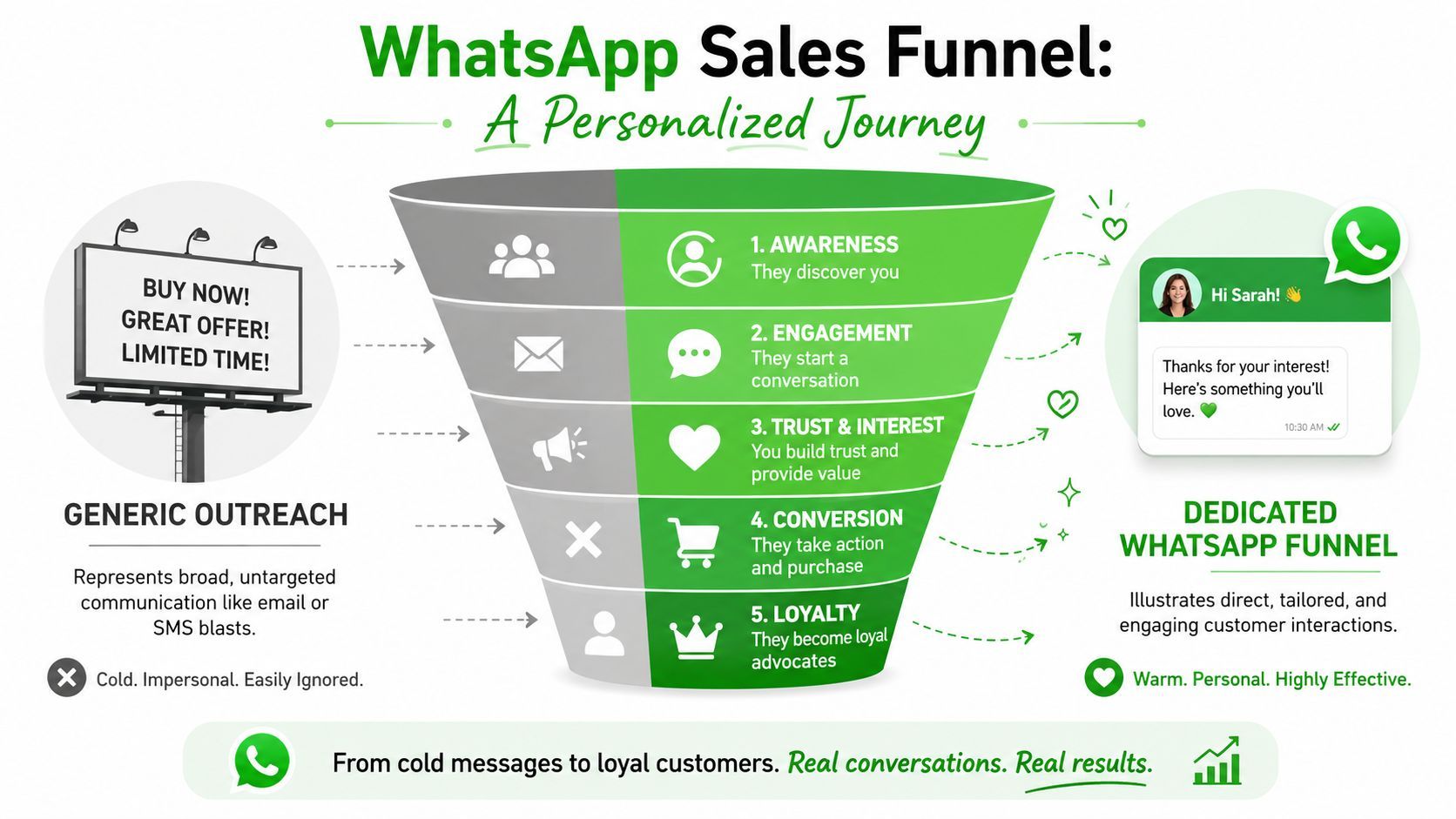An infographic visualizing a WhatsApp sales funnel moving from generic outreach to personalized customer relationship building.