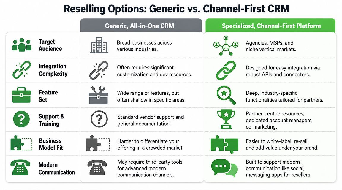 A comparison table outlining the differences between generic all-in-one CRMs and specialized channel-first CRM platforms.