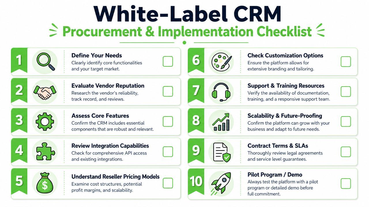 A ten-step checklist for the procurement and implementation process of a white-label CRM system.