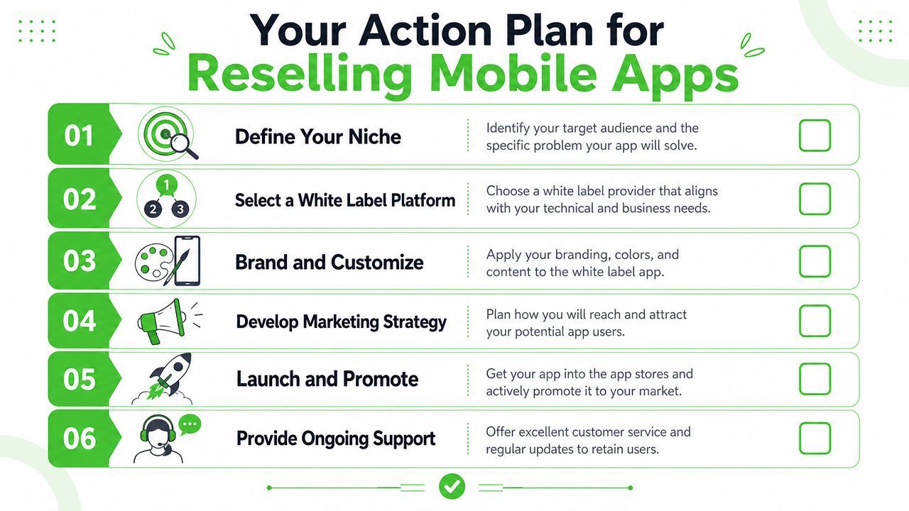 A checklist infographic detailing six essential steps for successfully reselling white label mobile applications to clients.