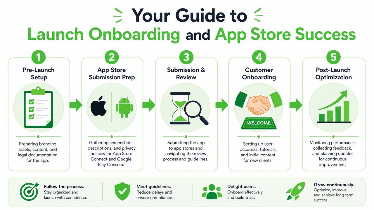 An infographic showing a five-step process for successfully launching mobile apps and managing onboarding.