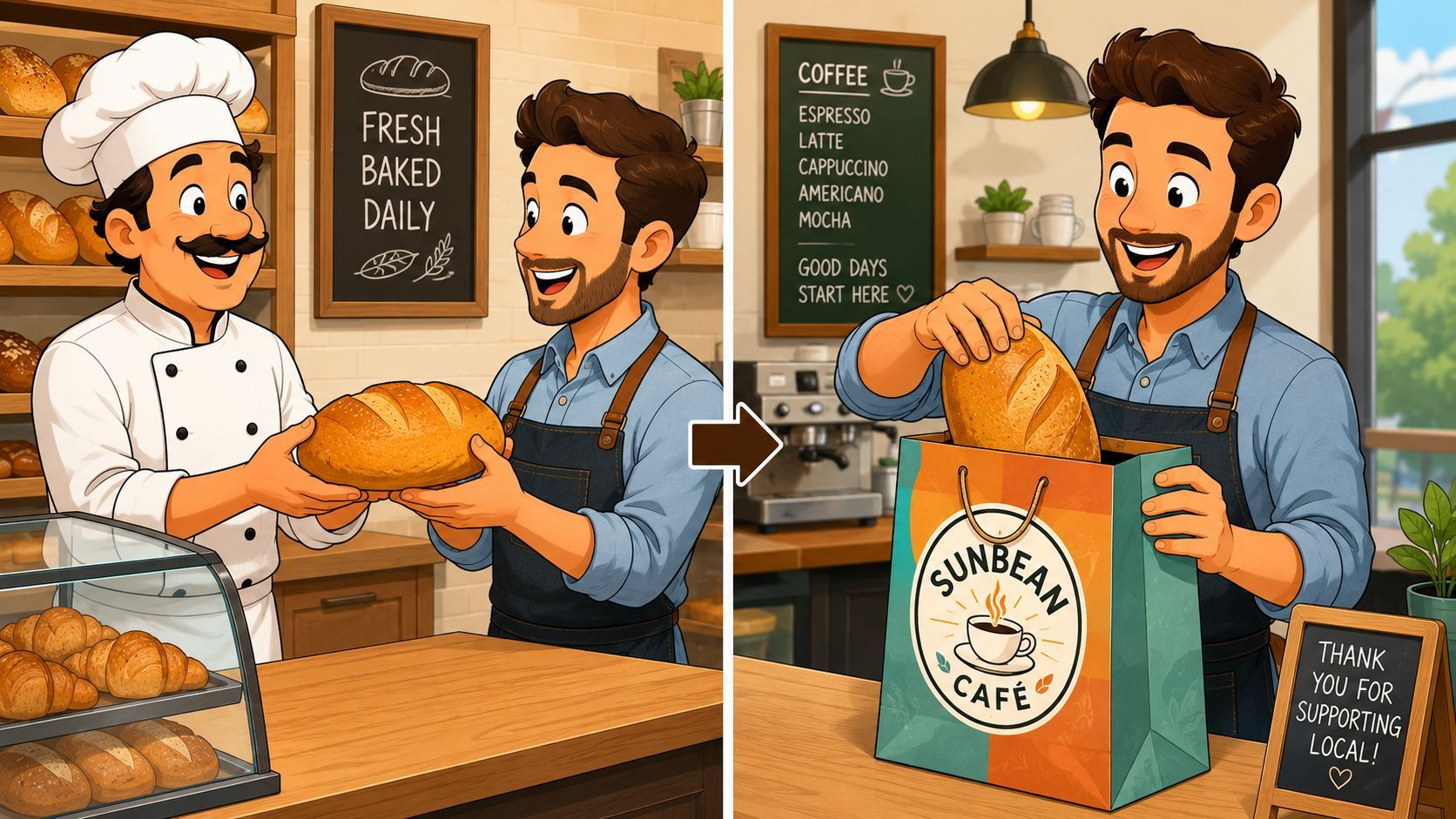 A friendly baker hands a loaf of bread to a man who puts it into a bag.