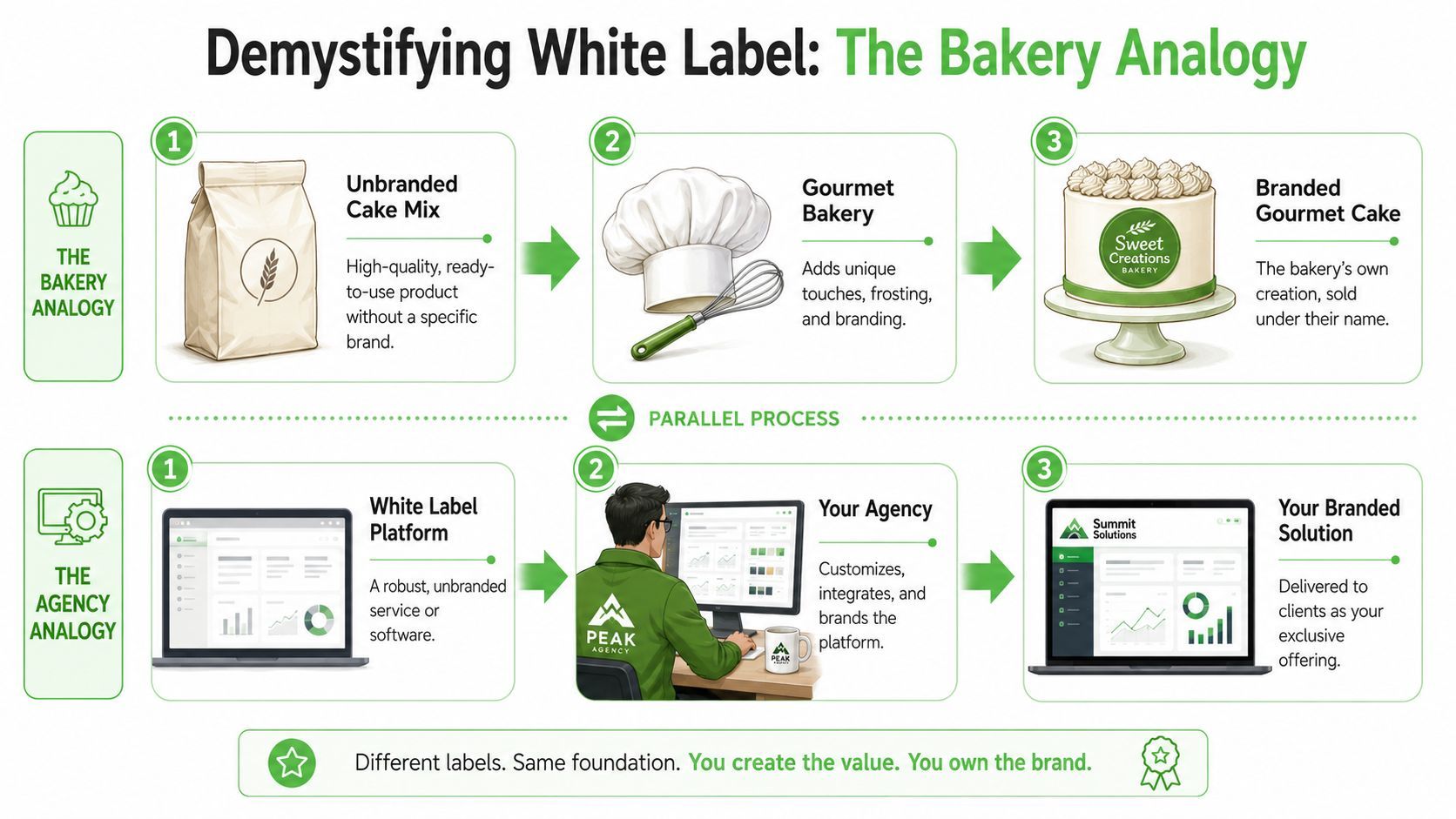 A diagram comparing a bakery cake process with a white label software agency workflow for business.
