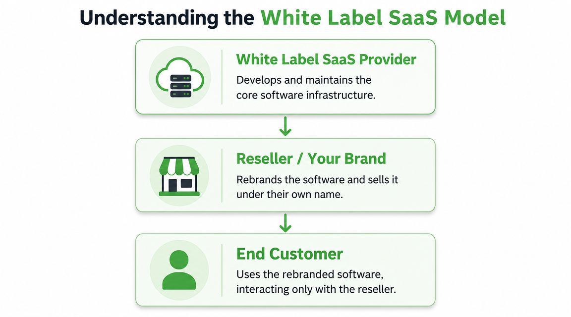 A diagram explaining the white label SaaS business model from provider to reseller and end customer.