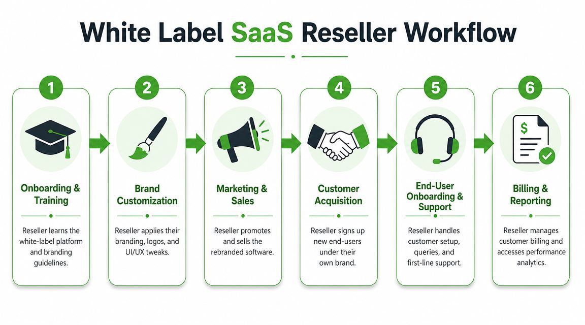 A six-step infographic showing the White Label SaaS Reseller workflow from training to billing and reporting.