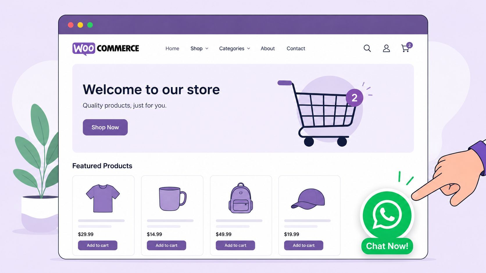 A digital illustration of a WooCommerce store website interface featuring a WhatsApp chat button being pointed at.
